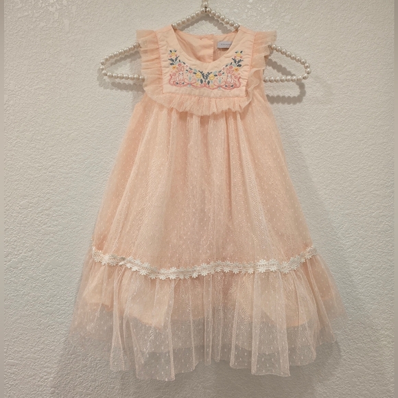 Tahari Other - Tahari Baby Dress Embroidered Rabbits Flowers Peach